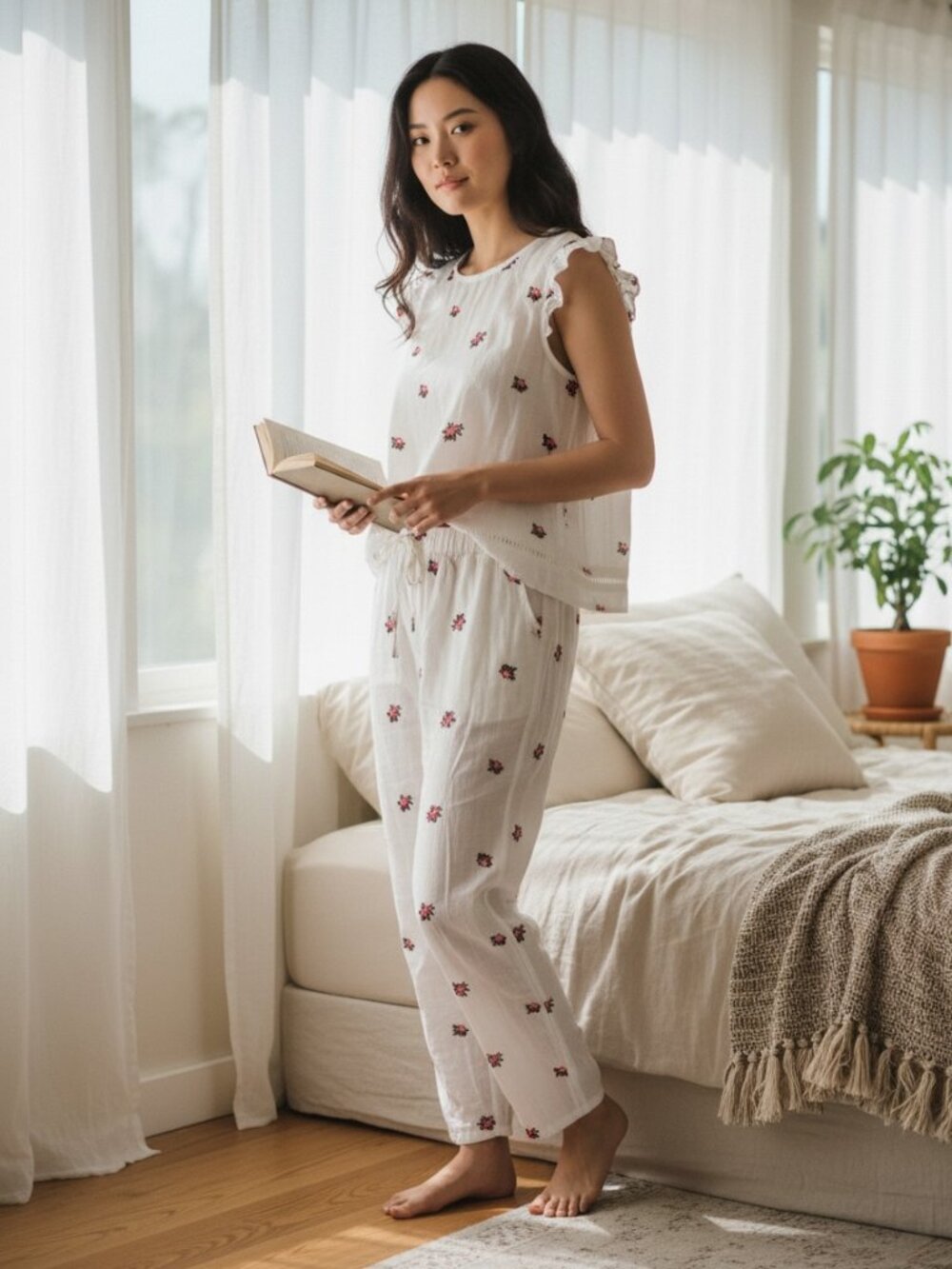 Topshop White Embroidered Pajama Set Cotton Loungewear Resort Set XS NWOT